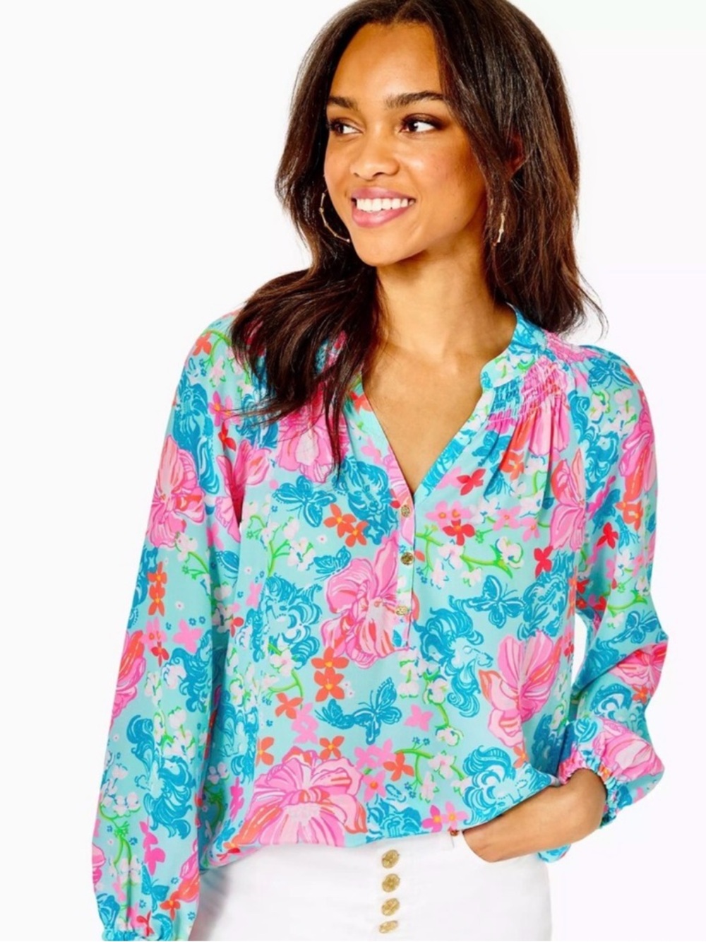 Lilly Pulitzer Aqua Floral V-Neck Long Sleeve Blouse